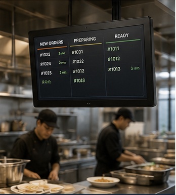 Android kitchen display system for restaurant order management and food delivery