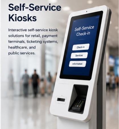 Self-service kiosk touchscreen terminal for retail and public service applications